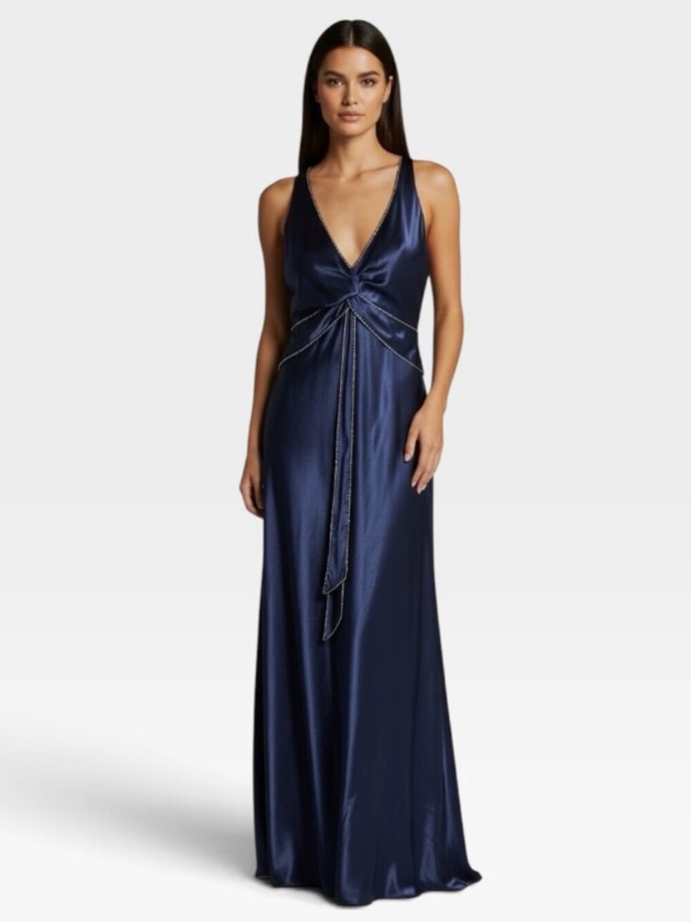 Narianna Navy Metallic Beaded Formal Gown Plus Size 3XL Open Back Evening Dress